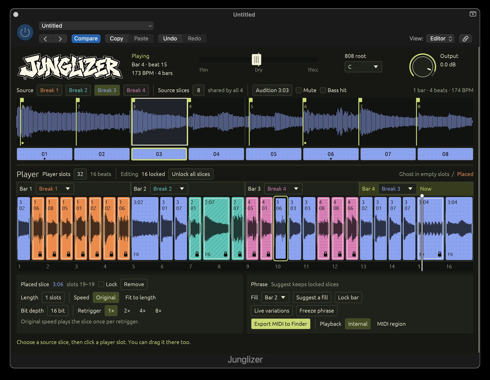 The Junglizer editor in Logic Pro: a sliced source break on top, and a four-bar player below filled with colored placements from four breaks.